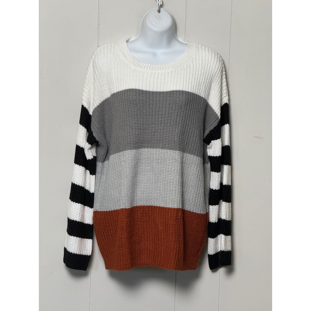 NWT ZESICA Women Color Block Striped Sweater Crew Neck Ribbed Knit Pullover Sz M